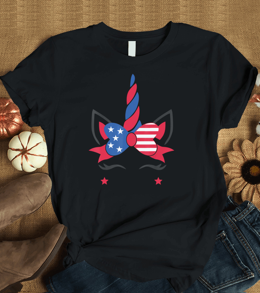 Unicorn with American Flag Bow and Stars Patriotic 4th of July Cute T-Shirt