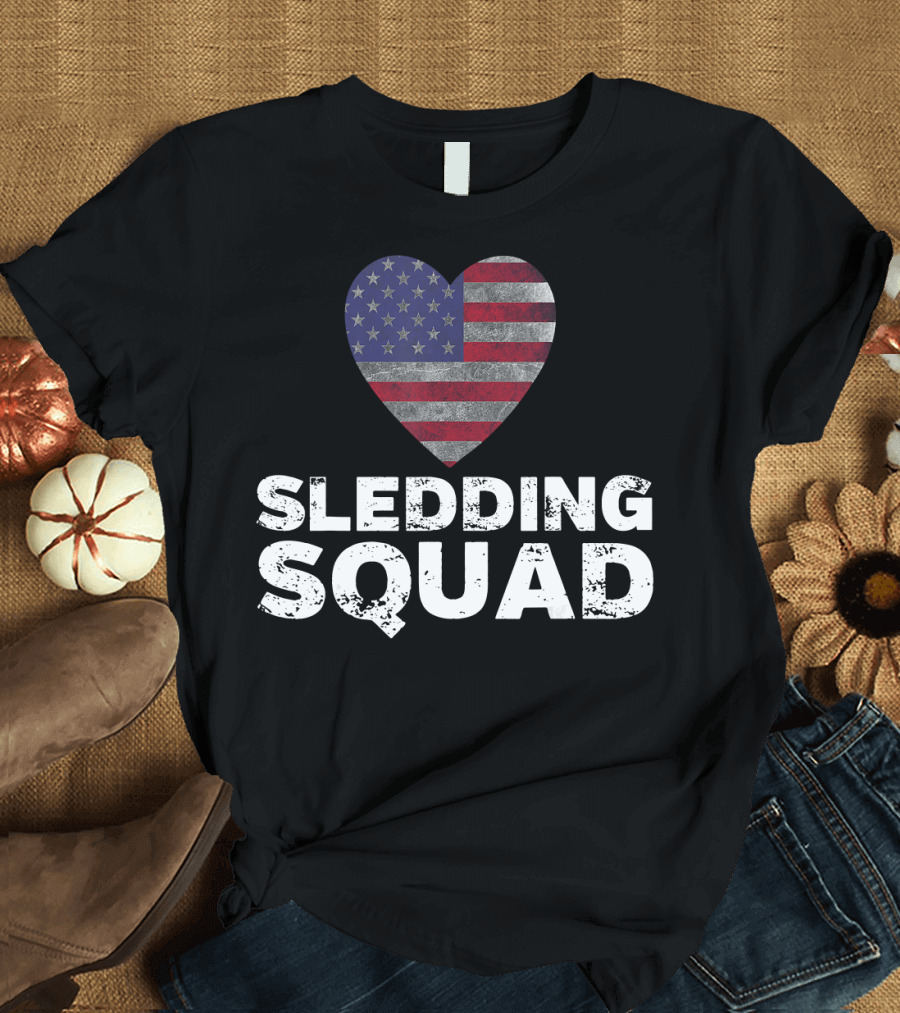 USA Flag Heart Sledding Squad Team T-Shirt