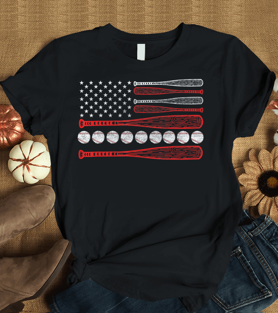 American Flag Made of Baseball Bats and Balls for 4th of July T-Shirt