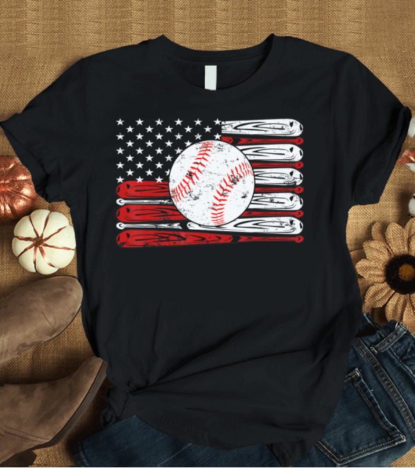 T-Shirt: American Flag Vintage Baseball Bat Sports T-Shirt American Flag Vintage Baseball Bat Sports T-Shirt