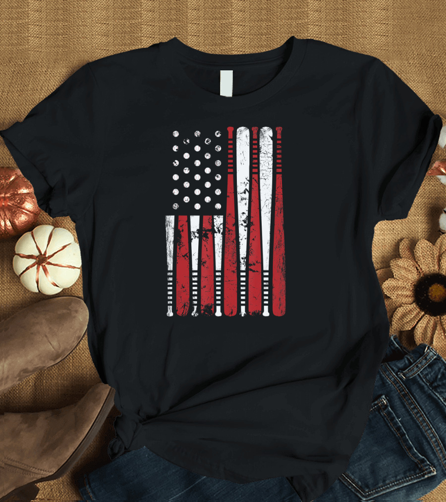 Vintage Baseball Bat Stars and Stripes USA Flag T-Shirt