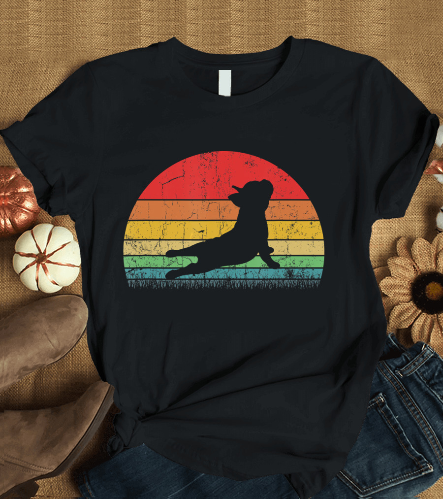 Vintage Yoga Bulldog Silhouette Sunset Frenchie T-Shirt