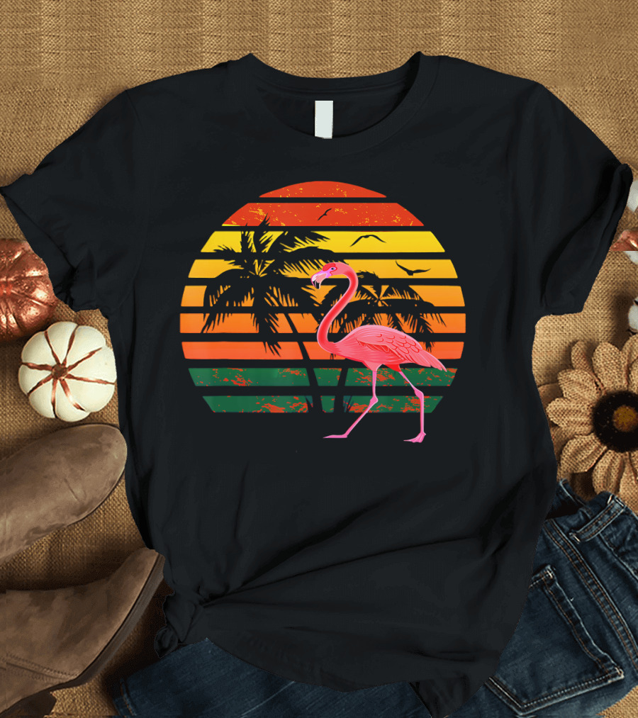 Vintage Flamingo Bird Tropical Sunset with Palm Trees and Birds T-Shirt