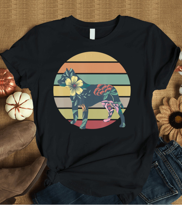 T-Shirt: Vintage Floral Pitbull Silhouette Sunset Stripes T-Shirt Vintage Floral Pitbull Silhouette Sunset Stripes T-Shirt
