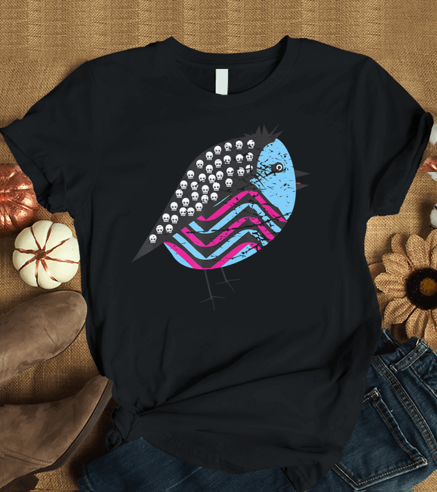 Weird Monster Tiny Bird with Skulls and Colorful Stripes T-Shirt