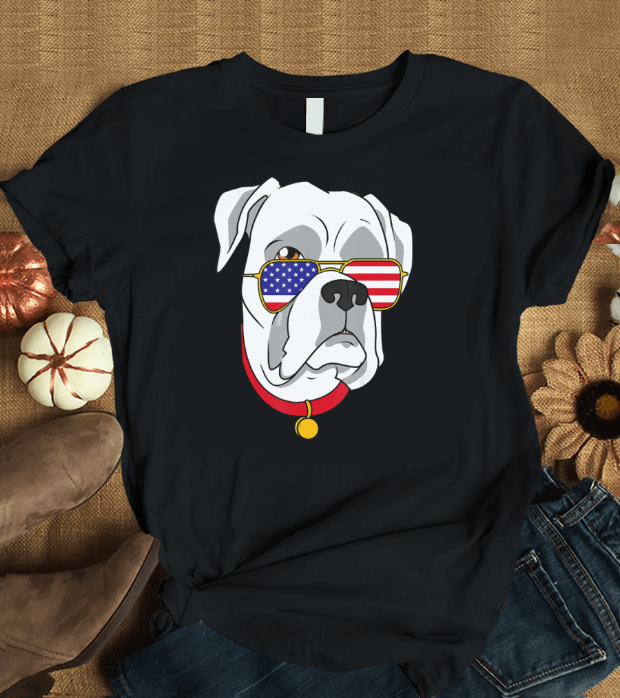 White Boxer Dog American Flag Sunglasses 4th of July T-Shirt