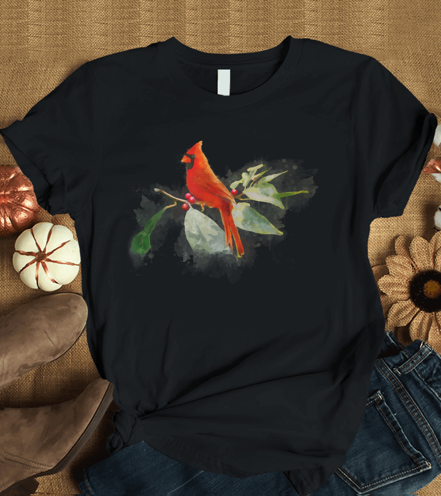 Wild Red Cardinal Bird on Berry Branch T-Shirt