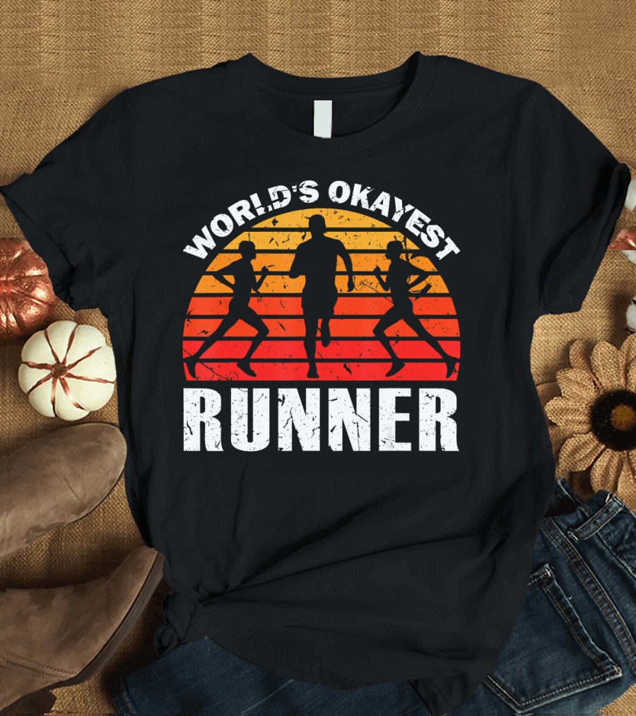 World's Okayest Runner Sunset Silhouette Sprinting Marathon T-Shirt