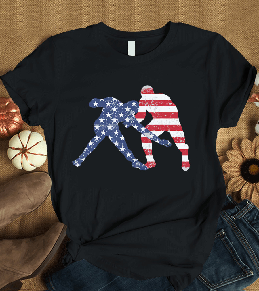 Wrestling Dual Silhouette with US Flag Stars and Stripes for Fourth of July T-Shirt