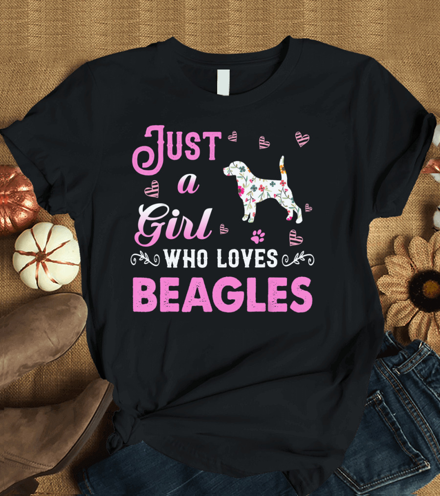 Just a Girl Who Loves Beagles with Floral Dog and Pink Hearts T-Shirt
