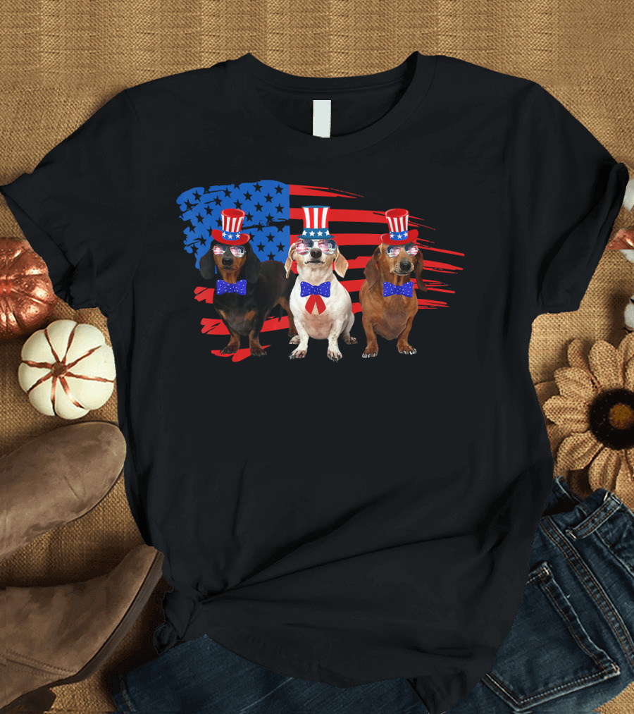 American Patriotic Dachshund Lover July Independence Day Trio T-Shirt