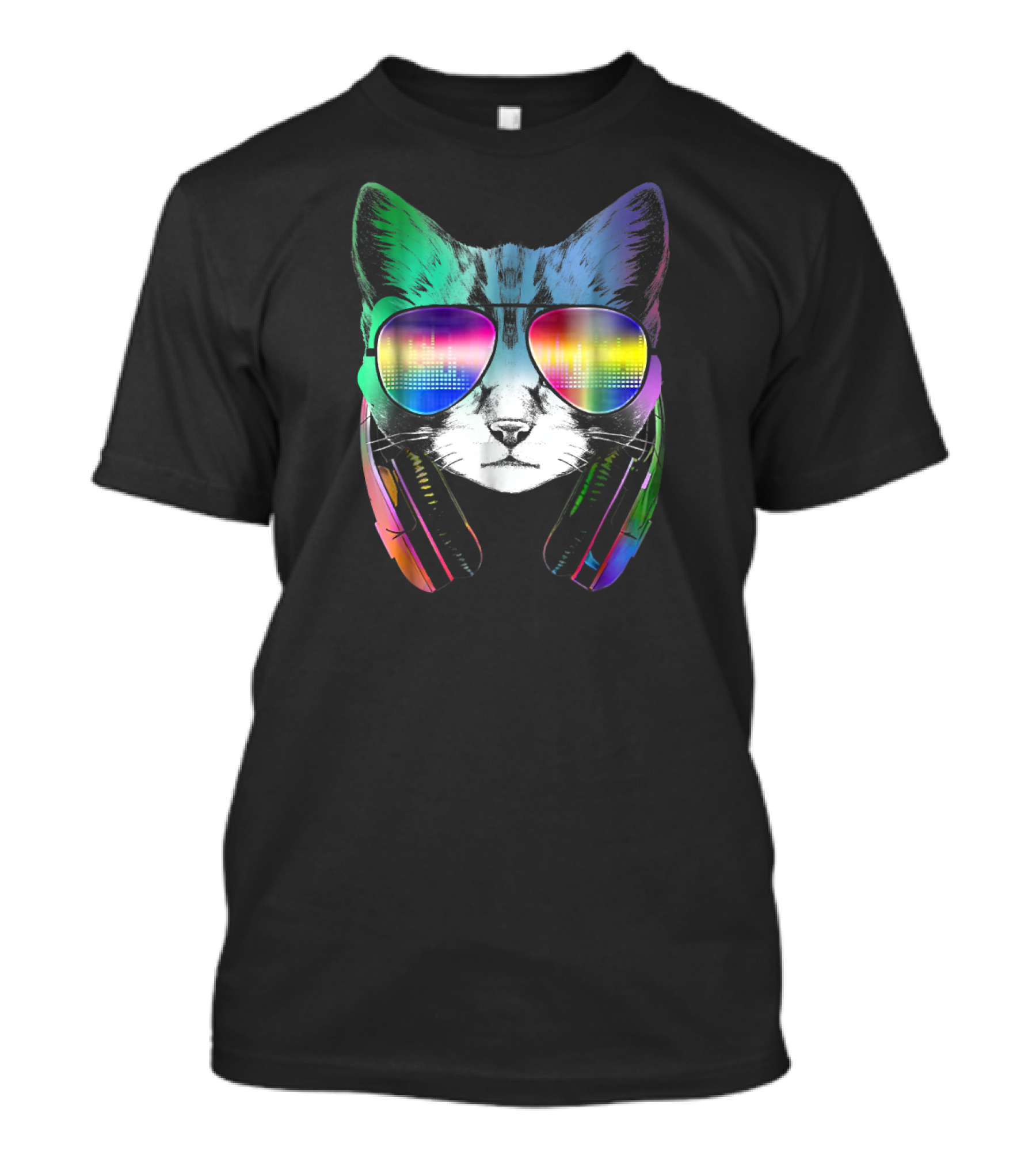 Electro Music Cat Rainbow DJ Sunglasses Headphones Retro Vibes T-Shirt