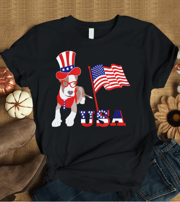 T-Shirt: USA 4th of July Pitbull Dog with American Flag and Top Hat T-Shirt USA 4th of July Pitbull Dog with American Flag and Top Hat T-Shirt