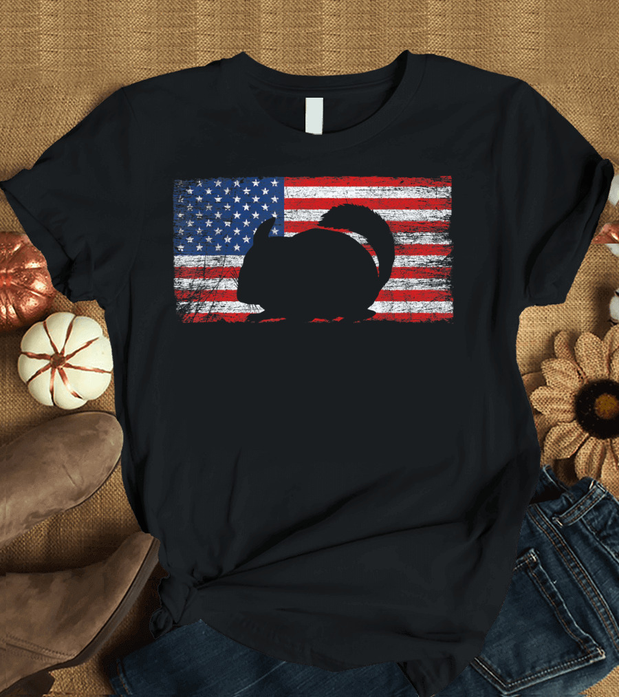 American Flag with Squirrel Silhouette 4th of July Fun T-Shirt