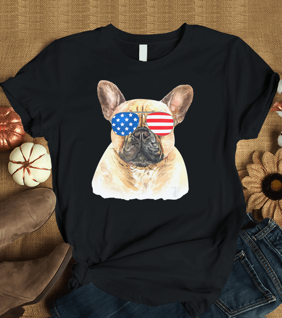 4th of July Merica Dog with American Flag Sunglasses T-Shirt