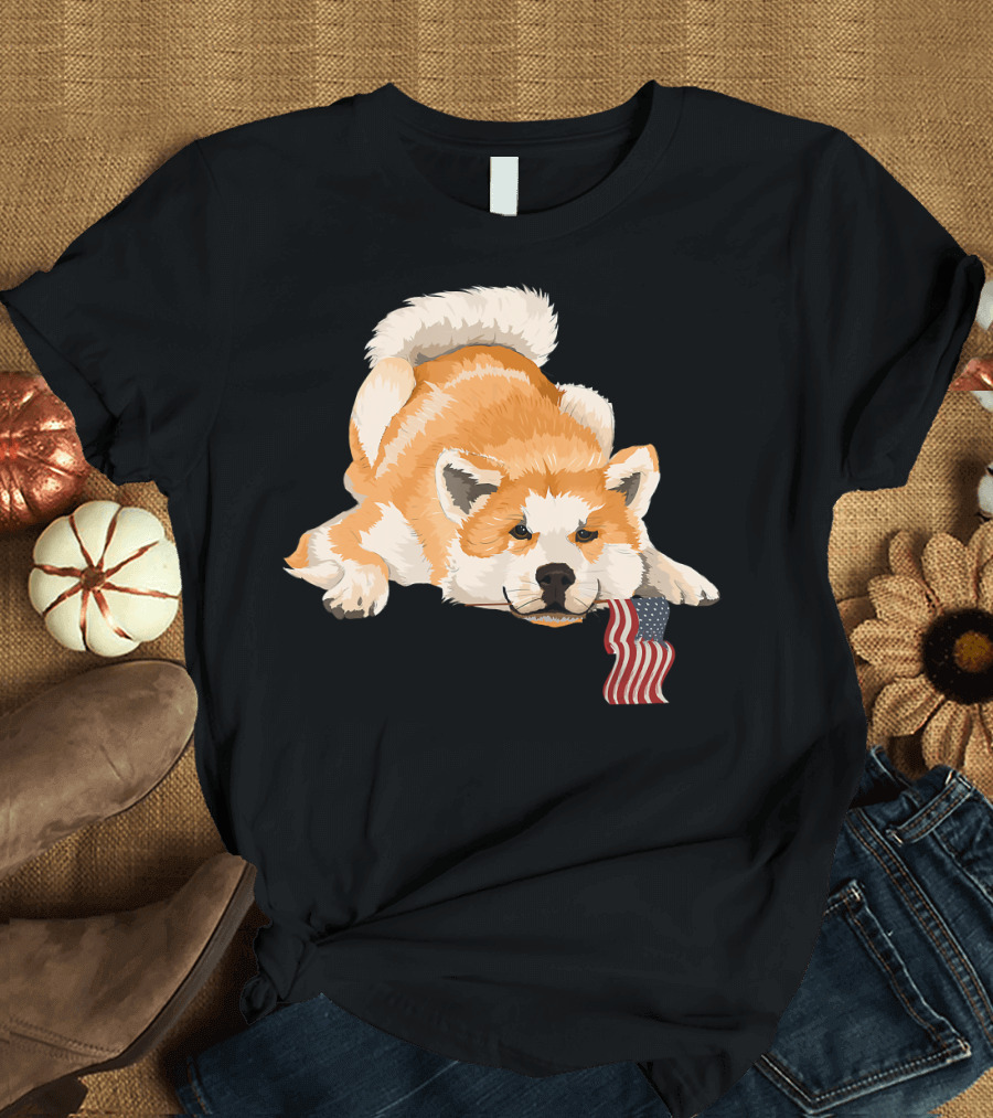 Akita Dog Lover with American Flag Motif T-Shirt