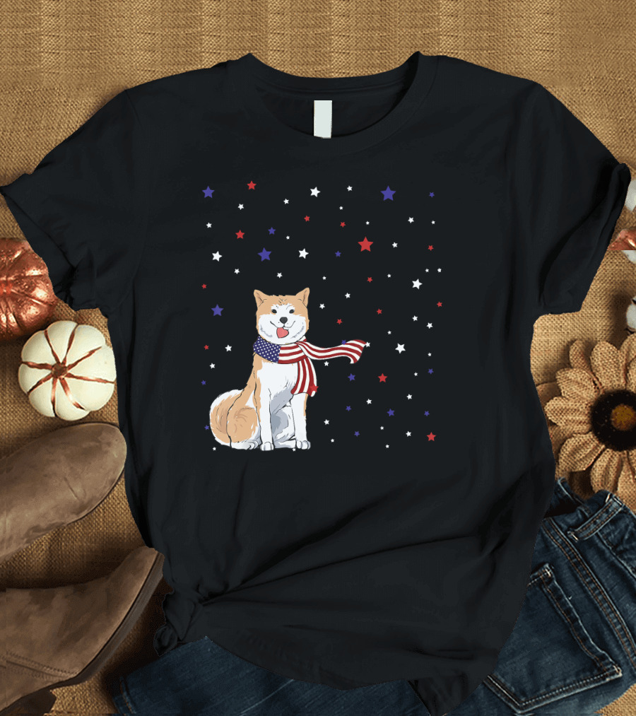 Akita Inu Patriotic American Flag Scarf Stars T-Shirt