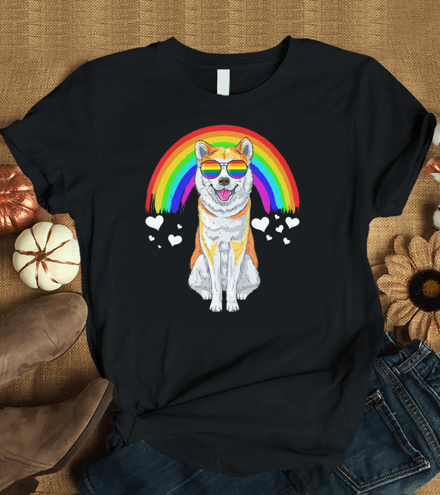 Akita Inu Rainbow Pride Sunglasses Hearts T-Shirt