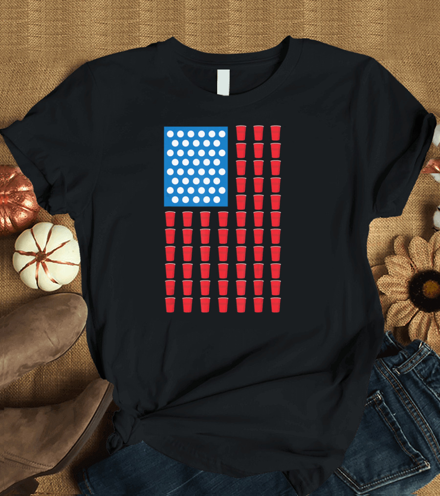 American Flag Beer Pong Red Cup Pattern Patriotic Party T-Shirt