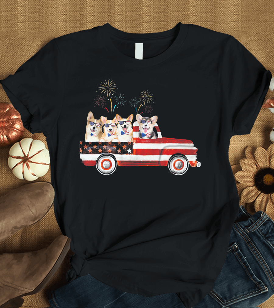 American Flag USA 4th of July Corgi Truck Fireworks T-Shirt