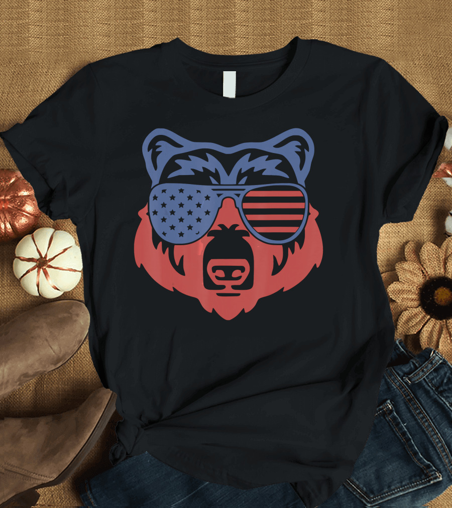 American Patriotic Bear with Flag Sunglasses T-Shirt