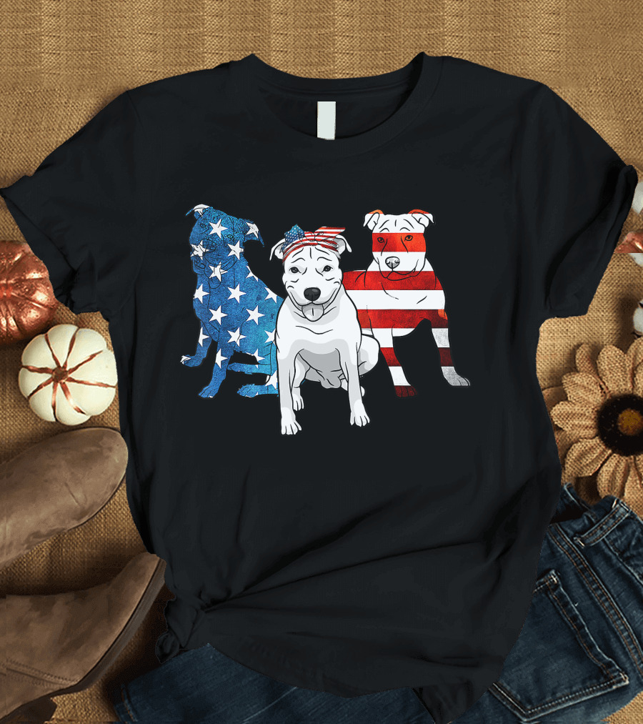 American Pitbull Trio with US Flag T-Shirt