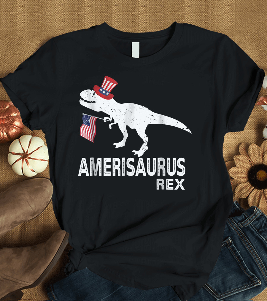 Amerisaurus Rex Patriotic Dinosaur with Uncle Sam Hat and American Flag T-Shirt