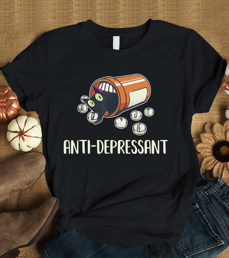Anti-Depressant Funny Black Cat in Pill Bottle T-Shirt