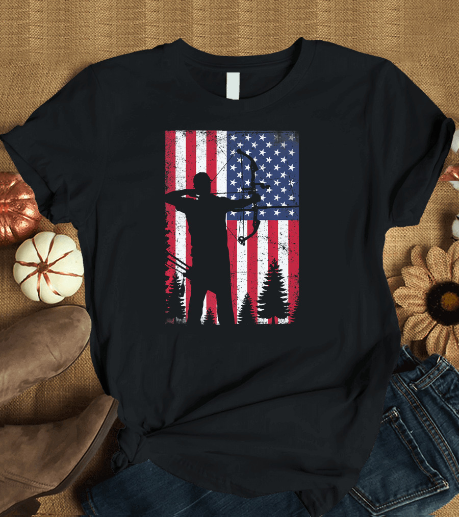 American Archery Bow Hunting Bow Hunter Silhouette USA Flag Background T-Shirt