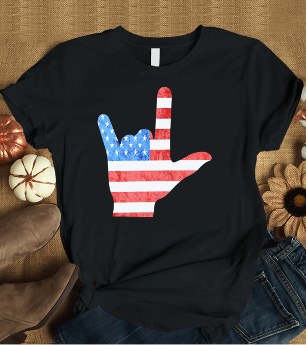 T-Shirt: ASL 4th July American Sign Language I Love You Hand with American Flag T-Shirt ASL 4th July American Sign Language I Love You Hand with American Flag T-Shirt