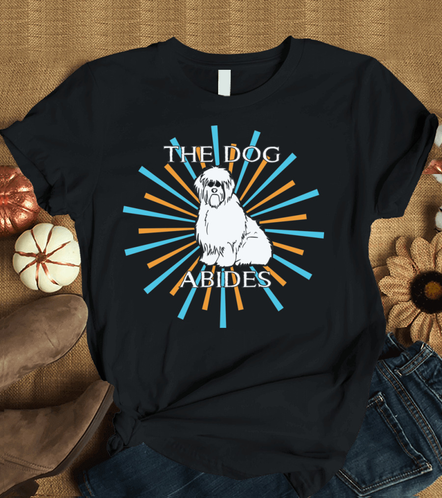 The Dog Abides Shaggy Canine with Retro Sunburst T-Shirt