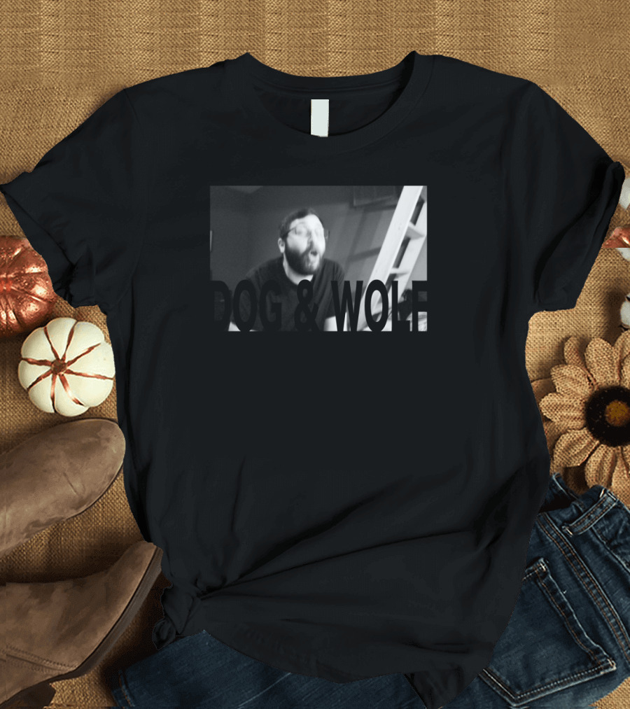 DOG and WOLF Black and White Graphic Featuring Excited Man with Ladder Background T-Shirt