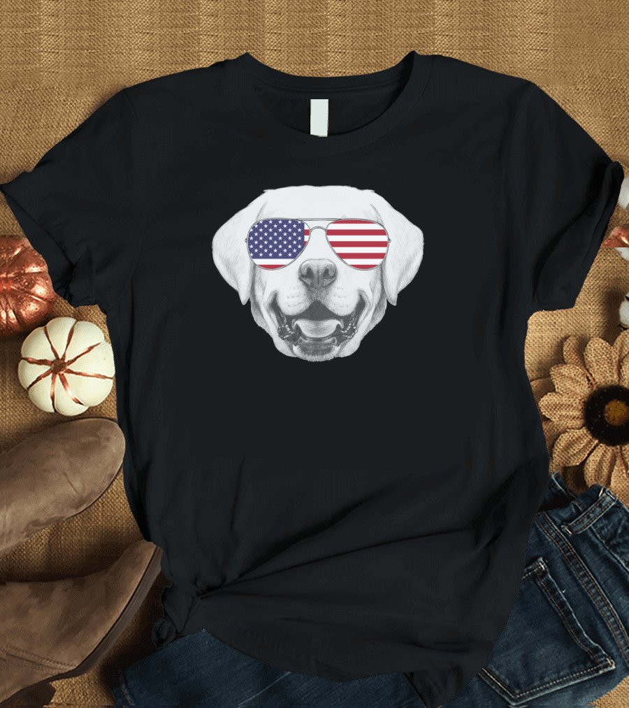 Patriotic Dog with American Flag Sunglasses - Furry 4th of July T-Shirt