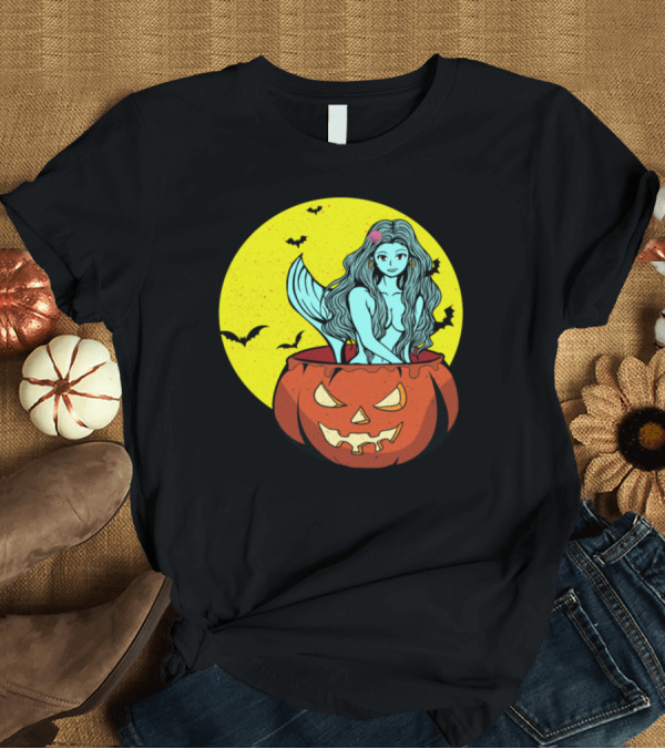 T-Shirt: Happy Halloween Pumpkin with Mermaid and Bats T-Shirt Happy Halloween Pumpkin with Mermaid and Bats T-Shirt