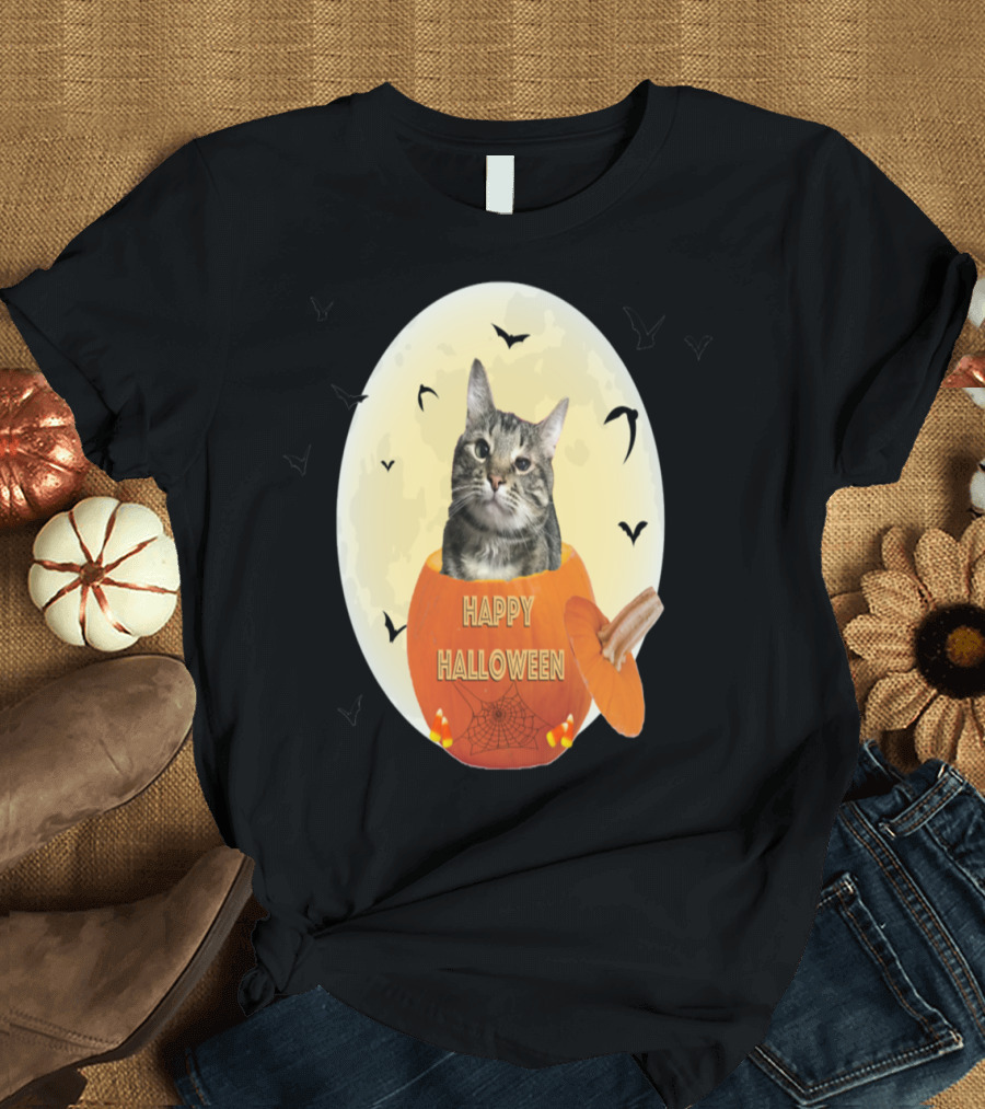 Happy Halloween Tabby Cat in Pumpkin with Candy Corn and Bats T-Shirt