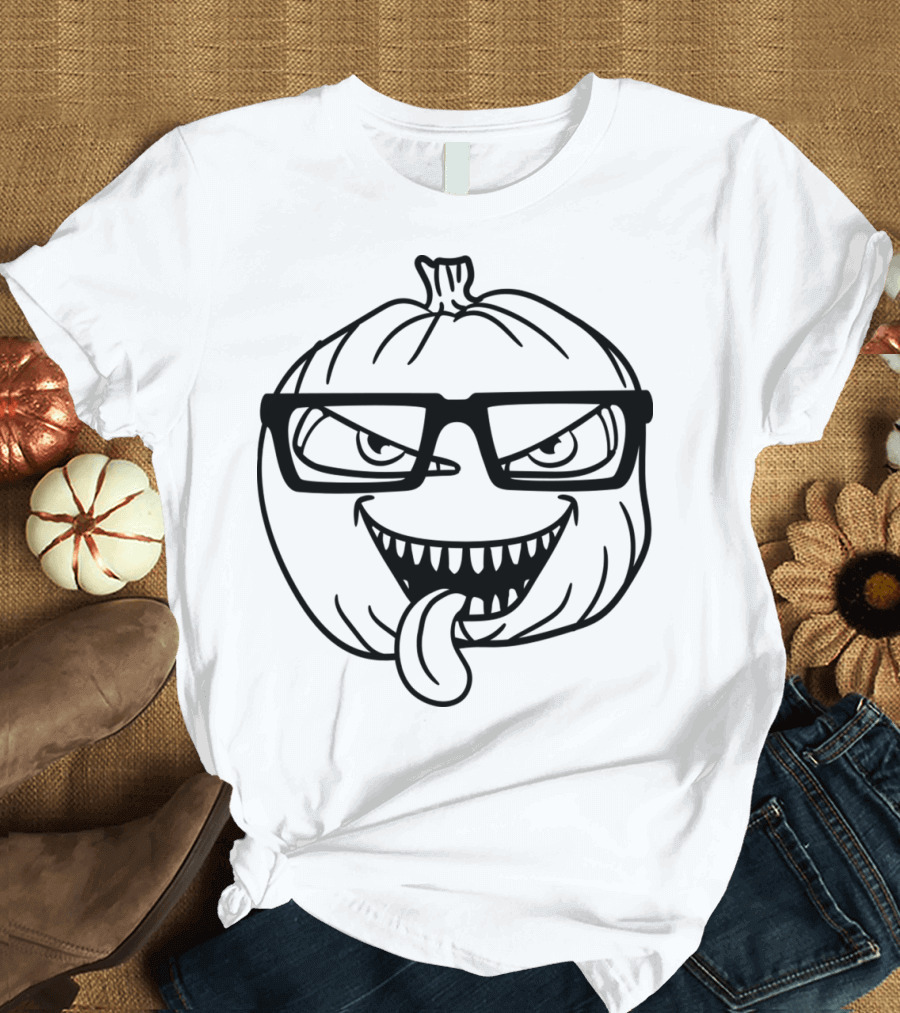 Geek Nerd Glasses Pumpkin Monster Face T-Shirt