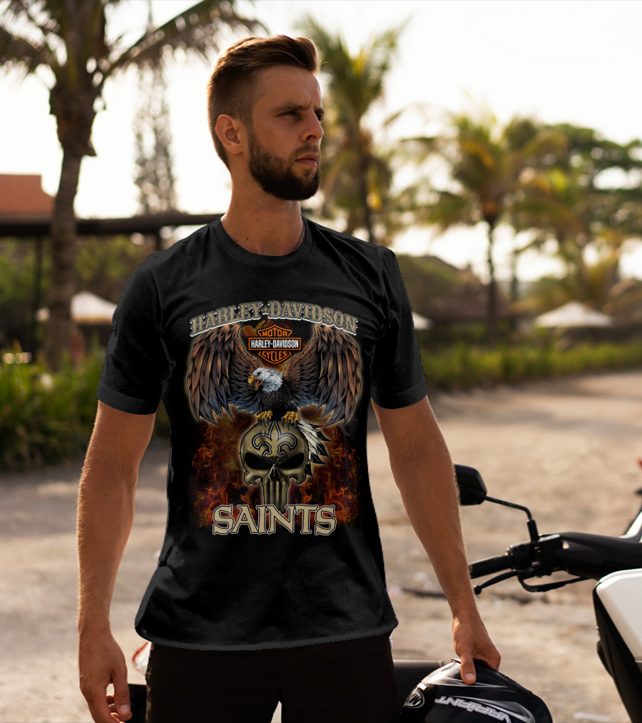 Harley Davidson Motorcycles Eagles Flames Saints Fleur-De-Lis T-Shirt
