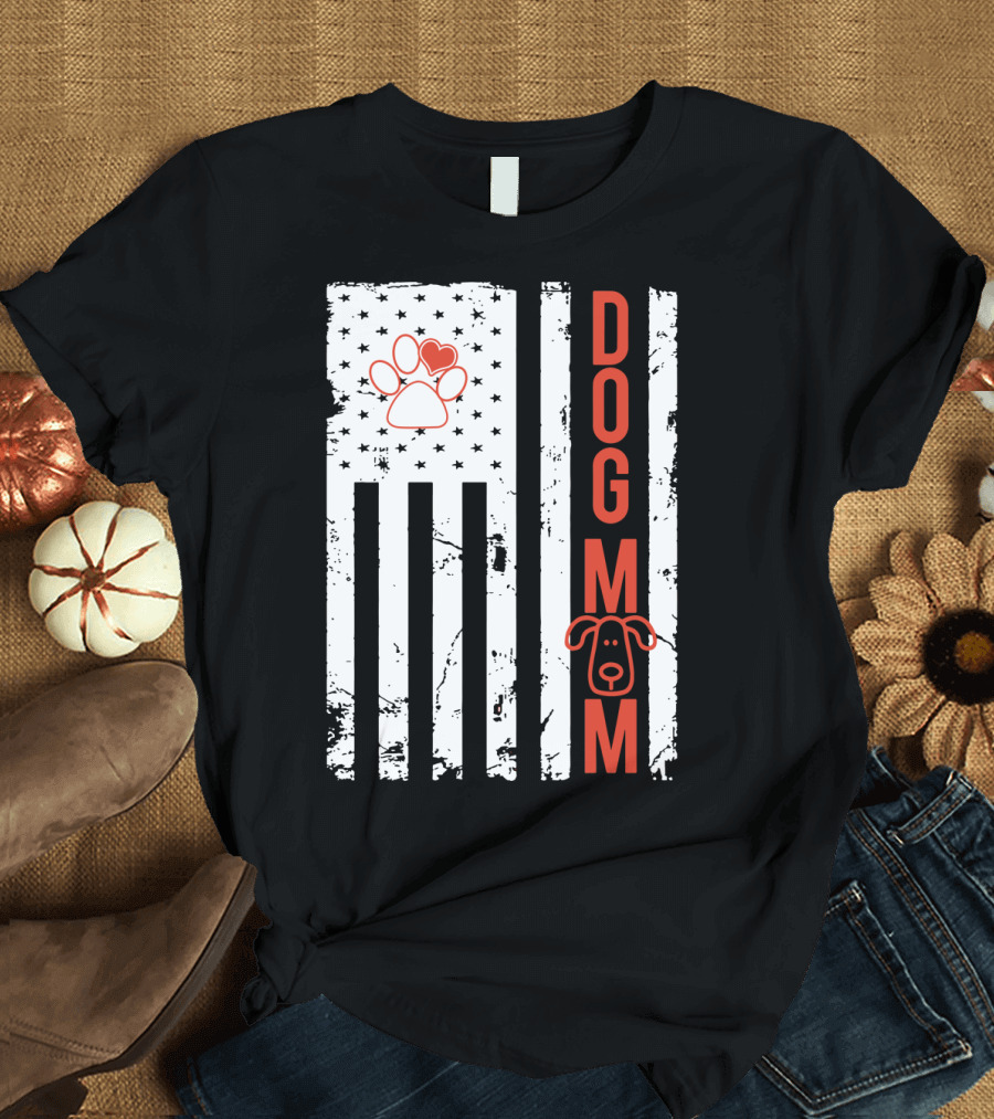 Dog Mom American Flag Paw Heart Dog Face T-Shirt