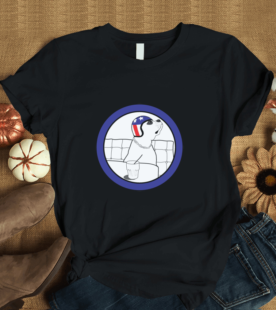American Flag Helmet Dog Sitting at a Table with Drink in Hand T-Shirt