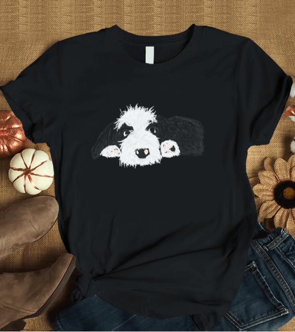 T-Shirt: Sheep Dog Resting Illustration with Fluffy Black and White Fur T-Shirt Sheep Dog Resting Illustration with Fluffy Black and White Fur T-Shirt