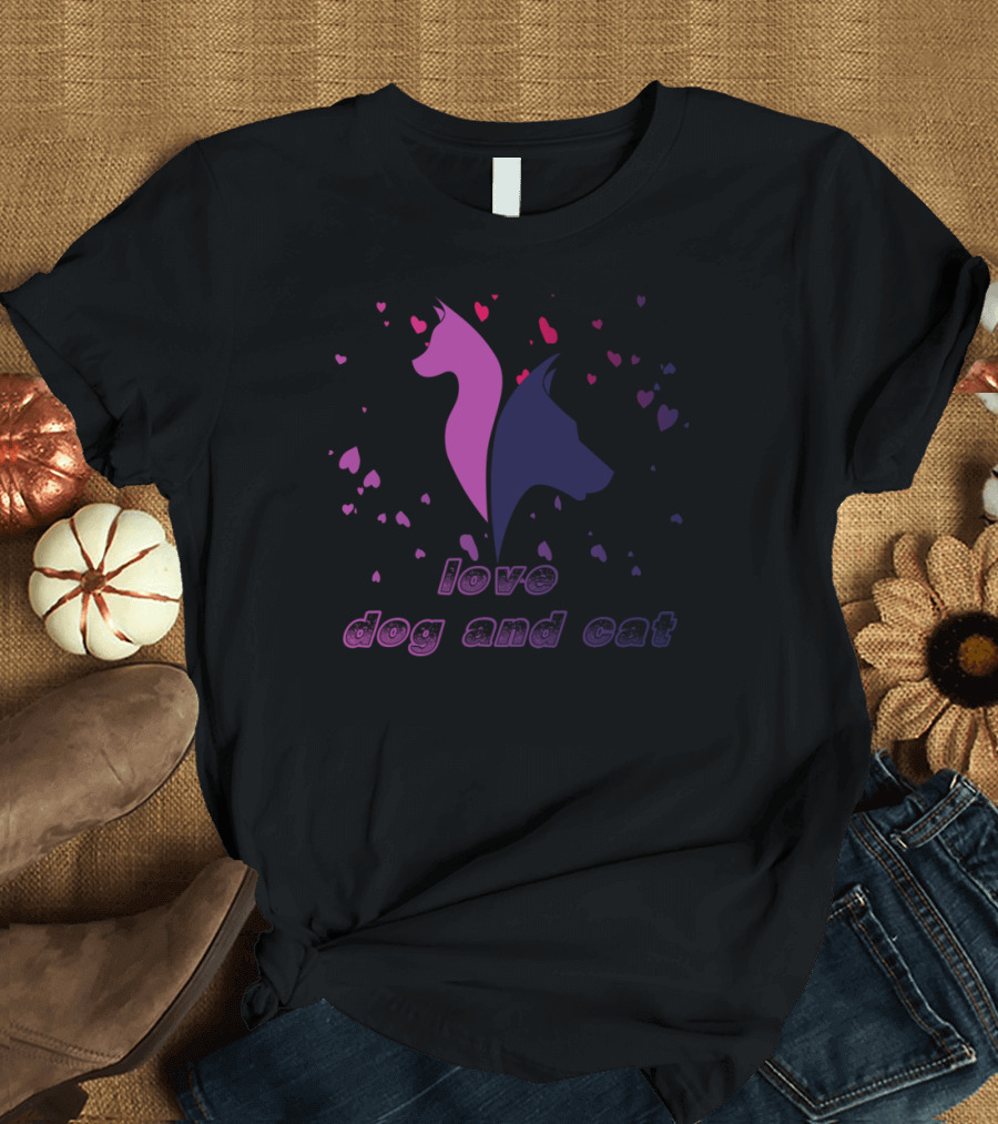 Love Dog and Cat Heart Silhouette with Pet Lover T-Shirt
