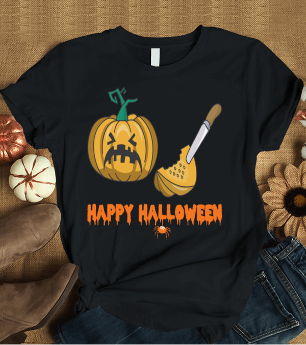 T-Shirt: Happy Halloween Pumpkin Horror Monster with Knife and Spider T-Shirt Happy Halloween Pumpkin Horror Monster with Knife and Spider T-Shirt