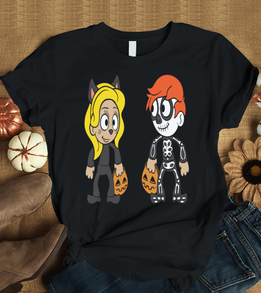 Halloween Trick or Treat Cat Costume and Skeleton with Pumpkin Buckets T-Shirt