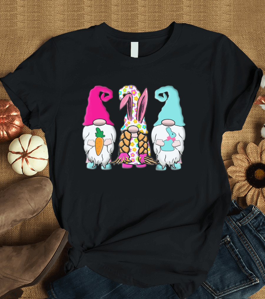 3 Easter Gnomes Pastel Spring Bunny Ears Rabbit Carrot Floral T-Shirt