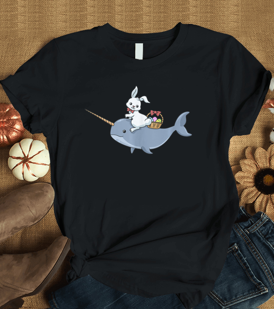Easter Bunny Rabbit Riding Narwhal with Egg Basket T-Shirt