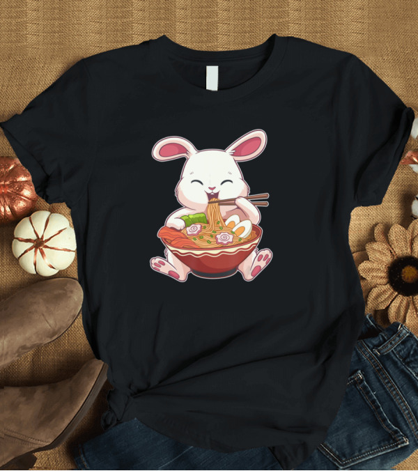 T-Shirt: Kawaii Japanese Easter Bunny Eating Ramen Noodles with Egg T-Shirt Kawaii Japanese Easter Bunny Eating Ramen Noodles with Egg T-Shirt
