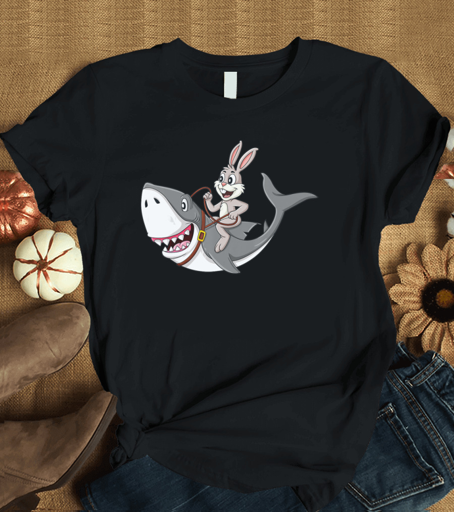 Rabbit Riding Shark Cartoon Easter Humor T-Shirt