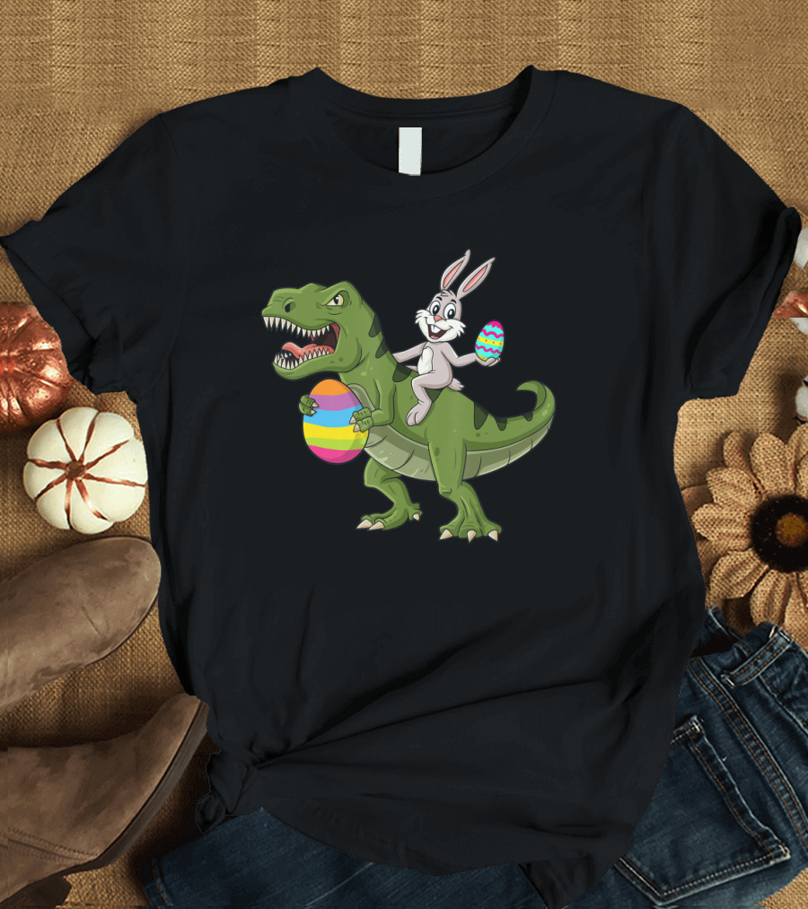 Rabbit Riding T-Rex with Colorful Easter Eggs T-Shirt