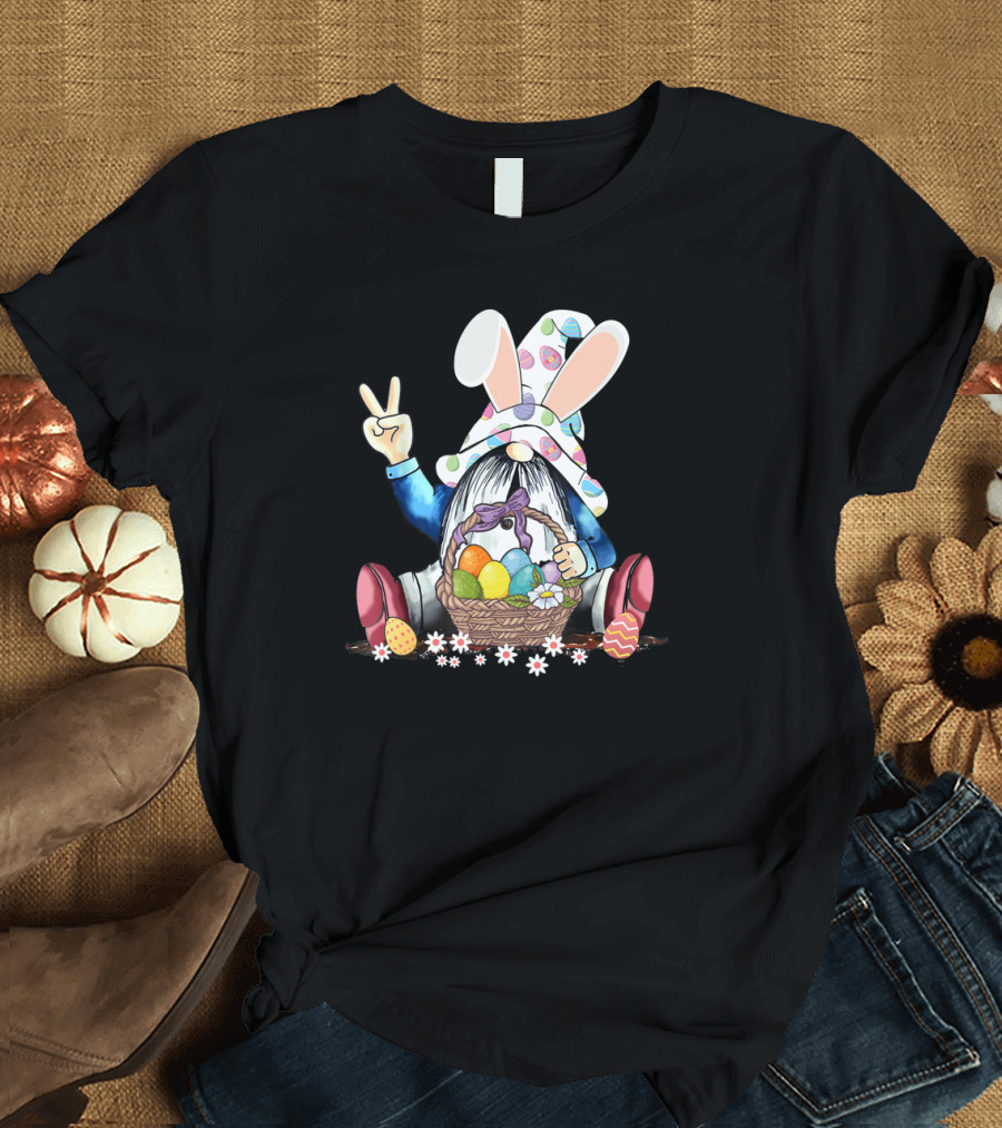 Funny Easter Hippie Gnome With Eggs And Peace Sign T-Shirt
