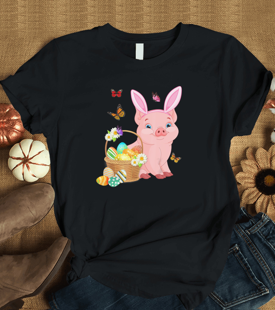 Pig Wearing Bunny Ears with Easter Egg Basket and Butterflies T-Shirt